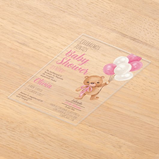 Teddy Bear Baby shower Girl Acryluitnodiging Acryl Uitnodigingen (Laagn)