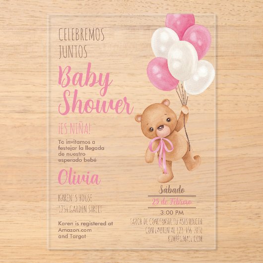 Teddy Bear Baby shower Girl Acryluitnodiging Acryl Uitnodigingen (Voorkant)