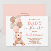 Teddy Bear Baby shower Girl Invitation Kaart (Voorkant / Achterkant)