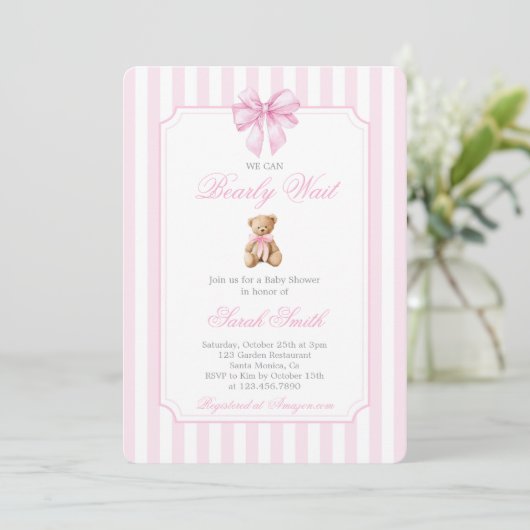 Teddy Bear Baby shower Girl Invitation Kaart (Staand voorkant)