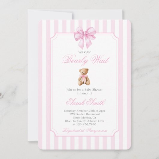 Teddy Bear Baby shower Girl Invitation Kaart (Voorkant)