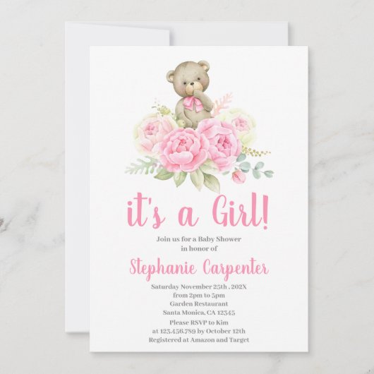 Teddy Bear Baby shower Girl Invitation Kaart (Voorkant)