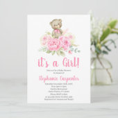 Teddy Bear Baby shower Girl Invitation Kaart (Staand voorkant)