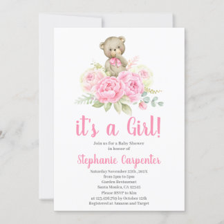 Teddy Bear Baby shower Girl Invitation Kaart