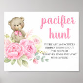 Teddy Bear Baby shower Girl Pacifier Hunt-teken Poster (Voorkant)