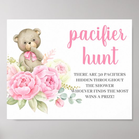 Teddy Bear Baby shower Girl Pacifier Hunt-teken Poster (Voorkant)