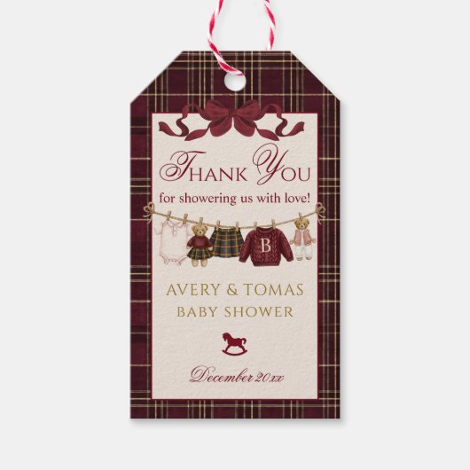Teddy Bear Baby Shower Girl Plaid Burgundy Bow  Cadeaulabel (Voorkant)