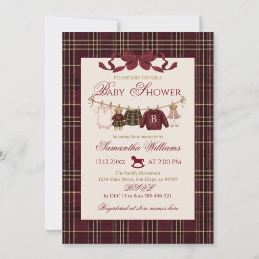 Teddy Bear Baby Shower Girl Plaid Burgundy Bow  Kaart (Voorkant)