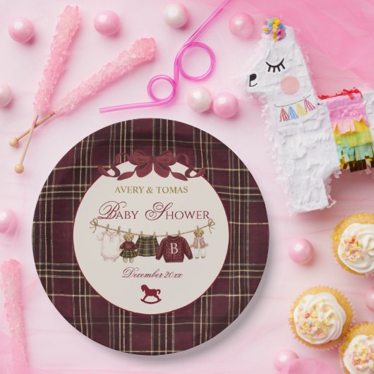 Teddy Bear Baby Shower Girl Plaid Burgundy Bow Papieren Bordje (Feest)