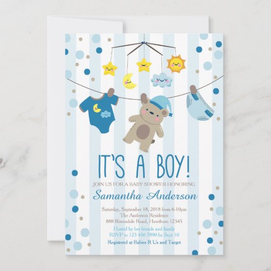 Teddy Bear Baby shower Invitation, baby shower jon Kaart (Voorkant)