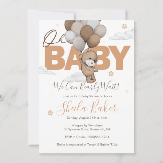 Teddy Bear Baby shower Invitation, "Barly Wait" Kaart (Voorkant)