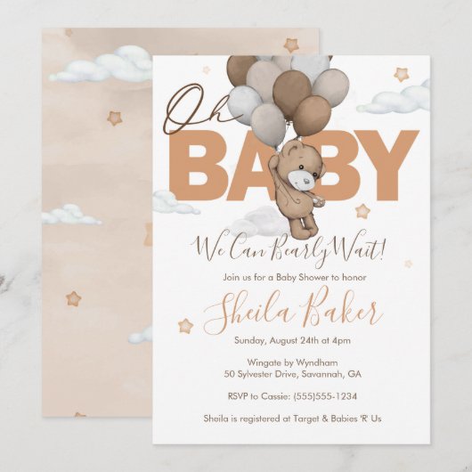 Teddy Bear Baby shower Invitation, "Barly Wait" Kaart (Voorkant / Achterkant)