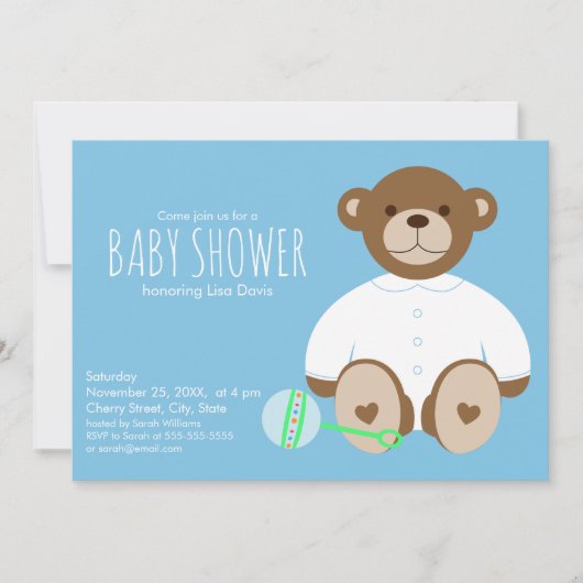 Teddy Bear Baby shower Invitation, blauwe achtergr Kaart (Voorkant)