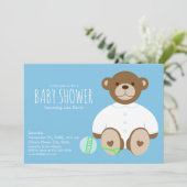 Teddy Bear Baby shower Invitation, blauwe achtergr Kaart (Staand voorkant)