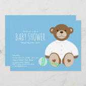 Teddy Bear Baby shower Invitation, blauwe achtergr Kaart (Voorkant / Achterkant)