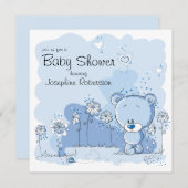 Teddy Bear Baby shower Invitation - Blue Kaart (Voorkant / Achterkant)