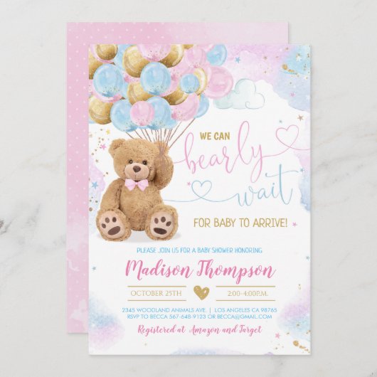 Teddy Bear Baby shower Invitation Kaart (Voorkant / Achterkant)