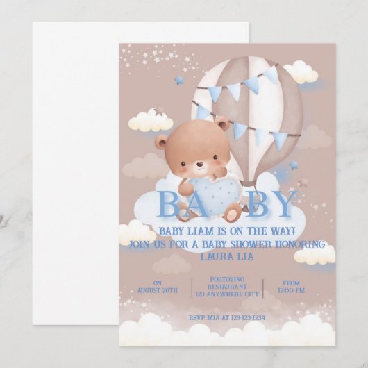 TEDDY BEAR Baby shower Invitation Kaart (Voorkant / Achterkant)