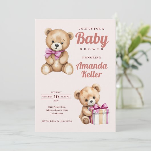 Teddy Bear Baby shower Invitation Kaart (Staand voorkant)