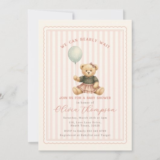 Teddy Bear Baby Shower Invitation Kaart (Voorkant)