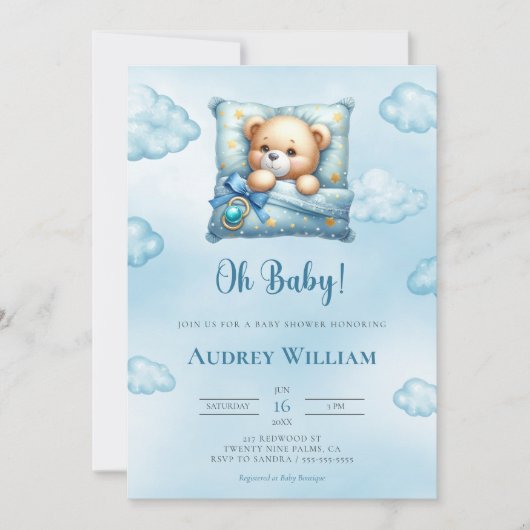 Teddy Bear Baby shower Invitation Oh Baby kussen Kaart (Voorkant)