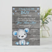 Teddy Bear Baby shower Invitation, roestblauwe jon Kaart (Staand voorkant)