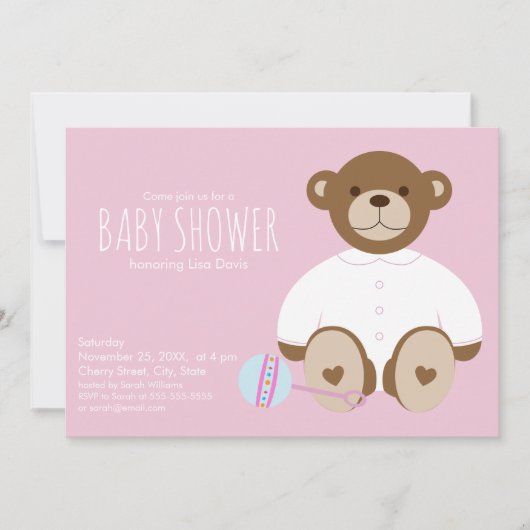 Teddy Bear Baby shower Invitation, roze achtergron Kaart (Voorkant)