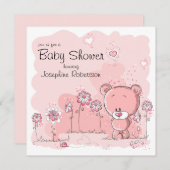 Teddy Bear Baby shower Invitation - Roze Kaart (Voorkant / Achterkant)