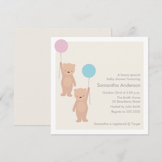 Teddy Bear Baby shower Invitation - Twin Boy Girl Kaart (Voorkant / Achterkant)