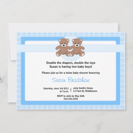 Teddy Bear Baby shower Invitation - Twin Boys Kaart (Voorkant)