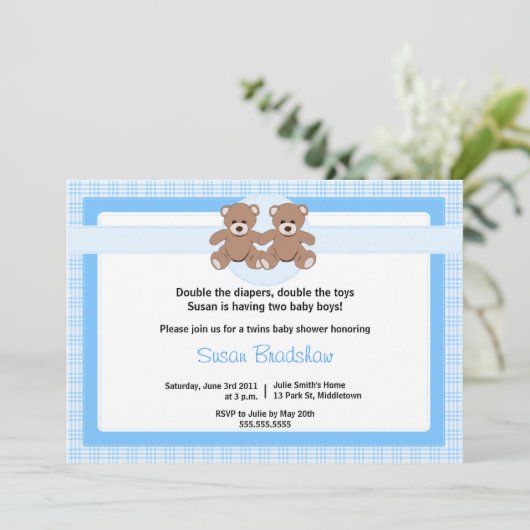 Teddy Bear Baby shower Invitation - Twin Boys Kaart (Staand voorkant)