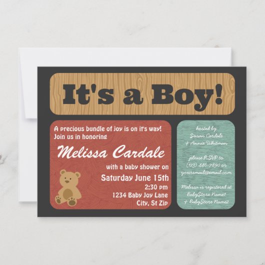 Teddy Bear Baby Shower Invitations Boy Kaart (Voorkant)