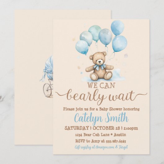 Teddy Bear Baby shower Jongen Beer en Ballonnen Kaart (Voorkant / Achterkant)