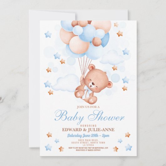Teddy Bear Baby shower Jongen Blauw Feest Kaart (Voorkant)