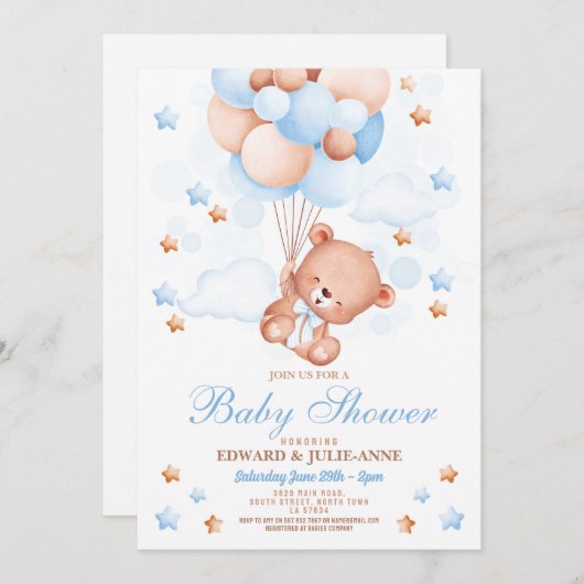 Teddy Bear Baby shower Jongen Blauw Feest Kaart (Voorkant / Achterkant)