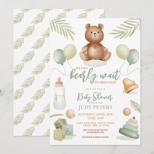 Teddy Bear Baby shower Jongen Meisje Mint Nauwelij Kaart (Voorkant / Achterkant)