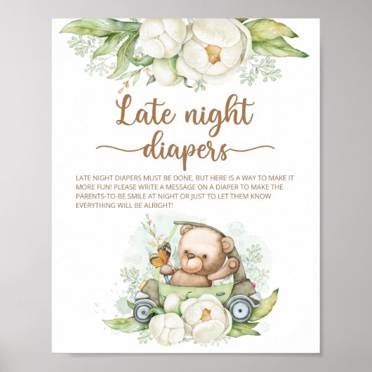 Teddy Bear Baby shower Late Night Diapers Poster (Voorkant)