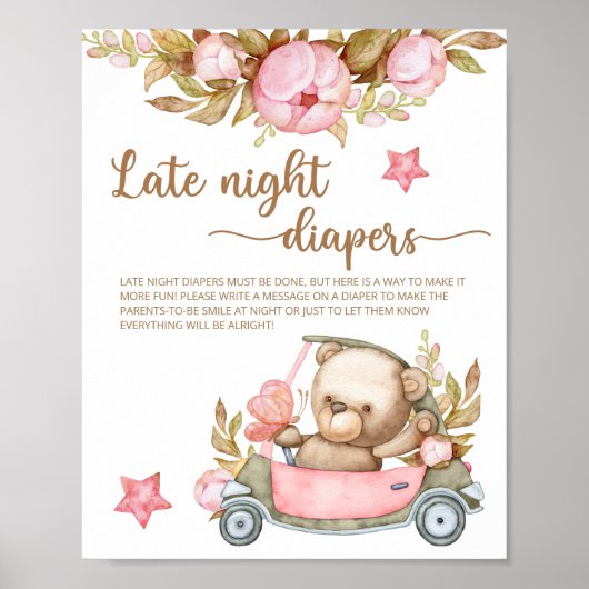 Teddy Bear Baby shower Late Night Diapers Poster (Voorkant)