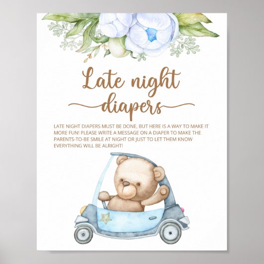 Teddy Bear Baby shower Late Night Diapers Poster (Voorkant)