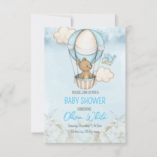 Teddy Bear Baby shower Luchtballon Boy Baby shower Kaart (Voorkant)
