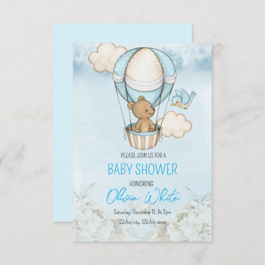 Teddy Bear Baby shower Luchtballon Boy Baby shower Kaart (Voorkant / Achterkant)