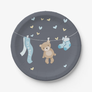 Teddy Bear Baby shower Paper Borden Boy Blue Grey Papieren Bordje