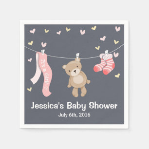 Teddy Bear Baby shower Paper Napkin Girl Gray Pink Servet