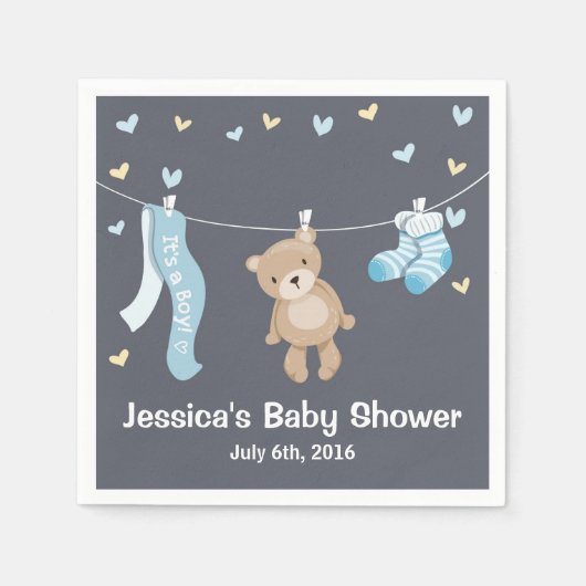 Teddy Bear Baby shower Papier Servet Jongen Grijs (Voorkant)