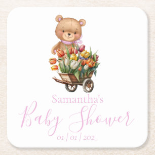 Teddy Bear Baby shower roze roze roze floraal Kartonnen Onderzetters