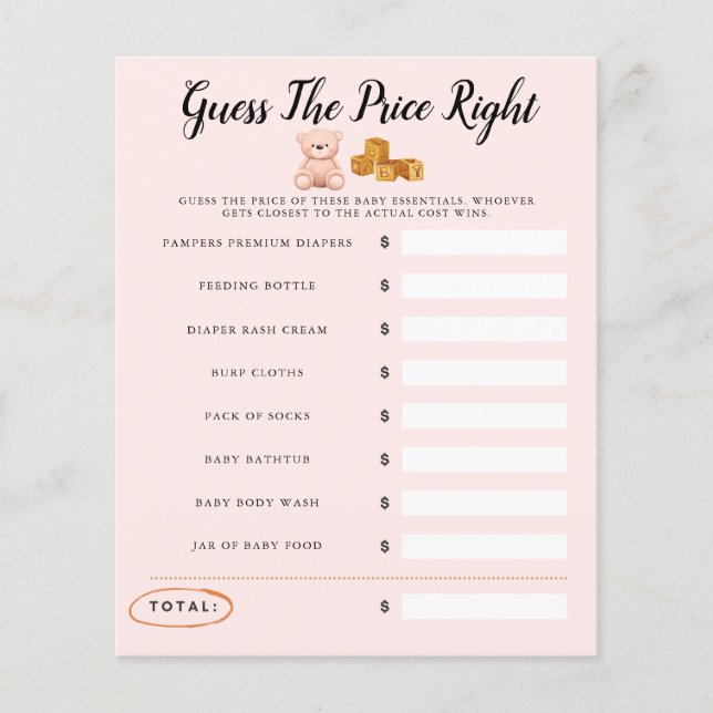 Teddy Bear Baby shower Roze Spel Raad de prijs (Voorkant)