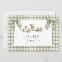 Teddy Bear Baby Shower Salie Groene Gingham Strik Bedankkaart