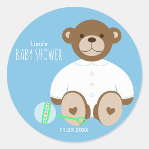 Teddy Bear Baby shower Sticker, blauwe achtergrond Ronde Sticker