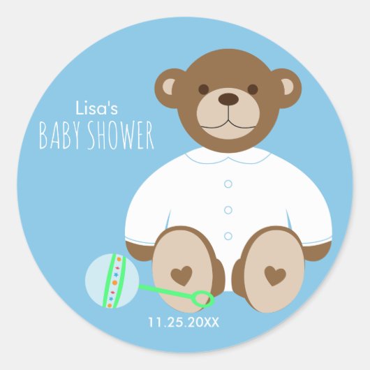 Teddy Bear Baby shower Sticker, blauwe achtergrond Ronde Sticker (Voorkant)
