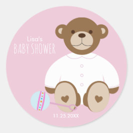Teddy Bear Baby shower Sticker, roze achtergrond Ronde Sticker